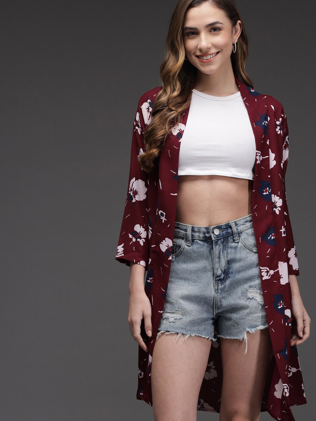

BAESD Floral Printed Button Georgette Longline Shrug, Maroon