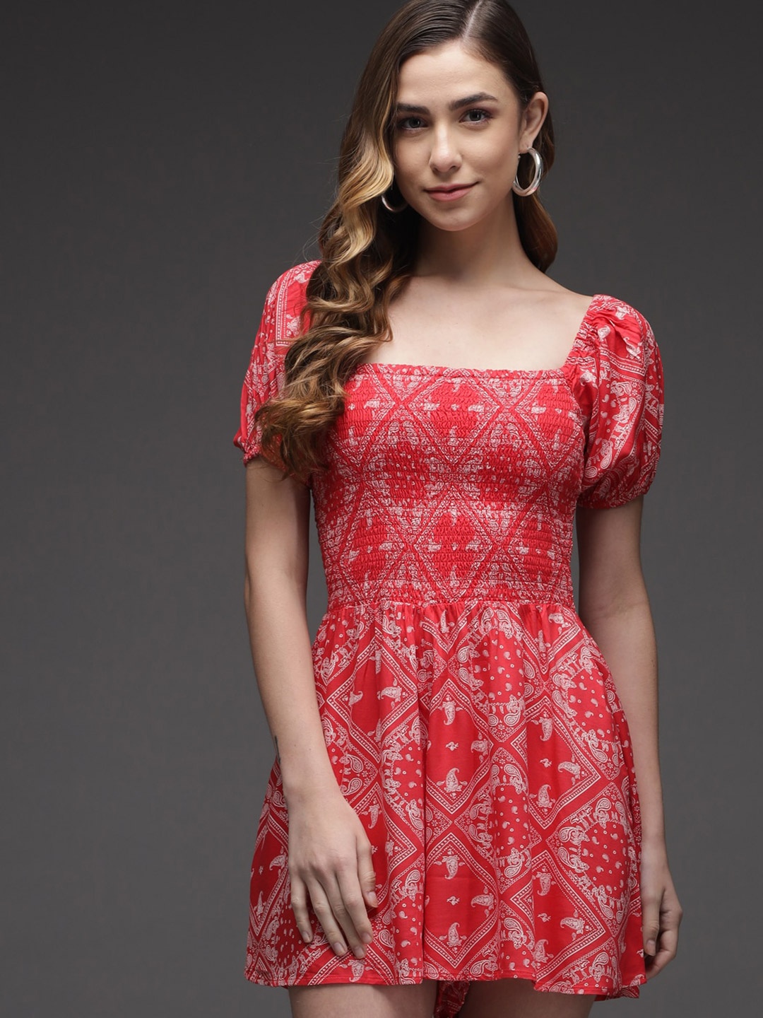 

BAESD Ethnic Motifs Printed Puff Sleeves Smocked Fit & Flare Dress, Multi