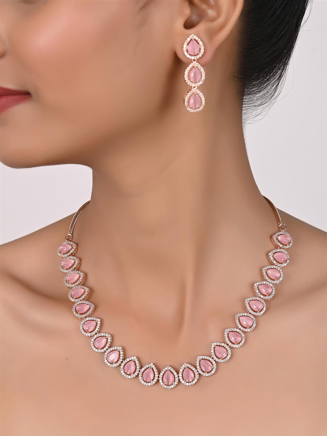 

RATNAVALI JEWELS Rose Gold-Plated Stone-Studded Jewellery Set