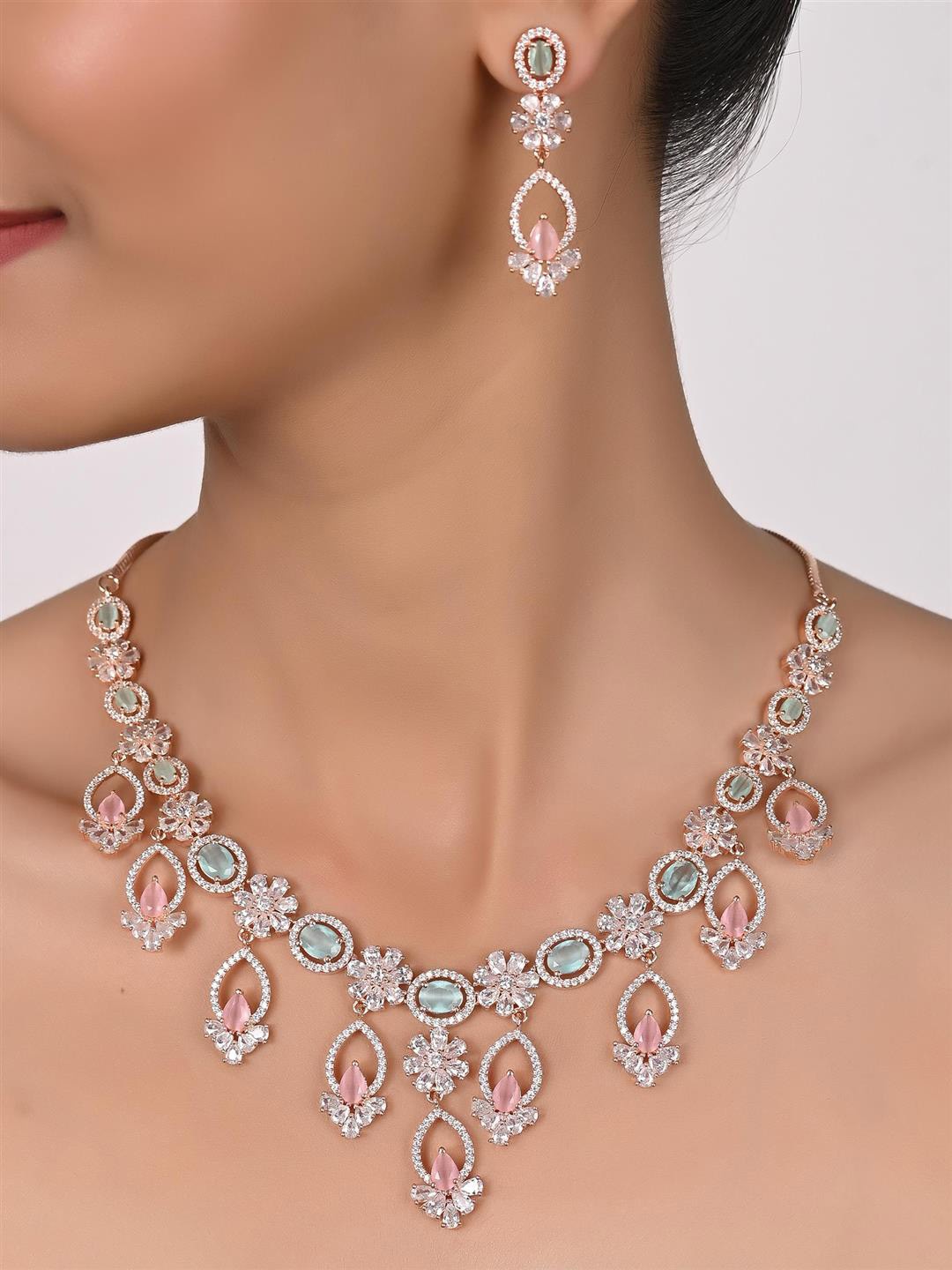 RATNAVALI JEWELS Rose Gold-Plated CZ-Studded Jewellery Set