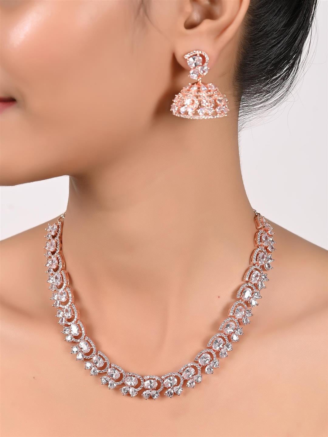 

RATNAVALI JEWELS Rose Gold-Plated CZ Stone-Studded Jewellery Set