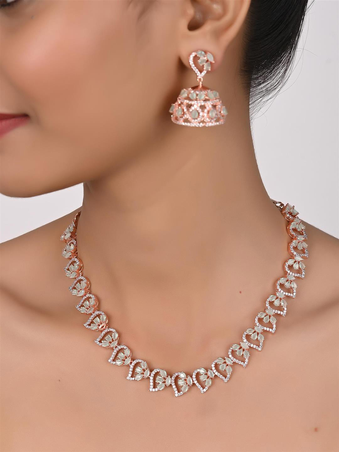 

RATNAVALI JEWELS Rose Gold-Plated CZ-Studded Necklace & Earrings