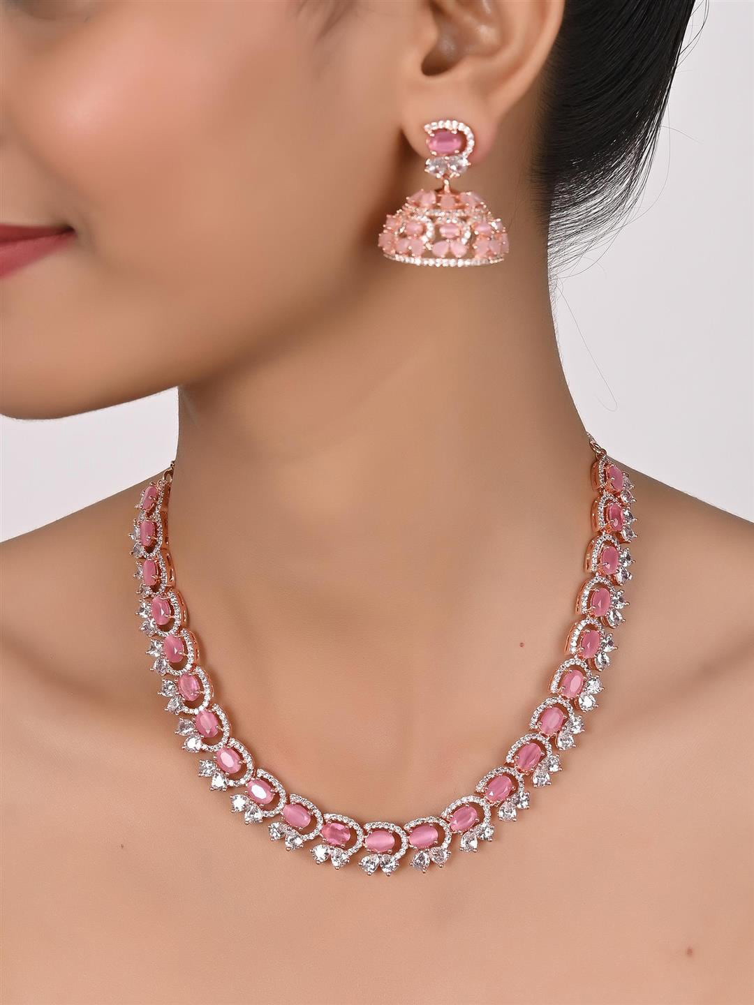 

RATNAVALI JEWELS Rose Gold-Plated CZ-Studded Necklace & Earrings