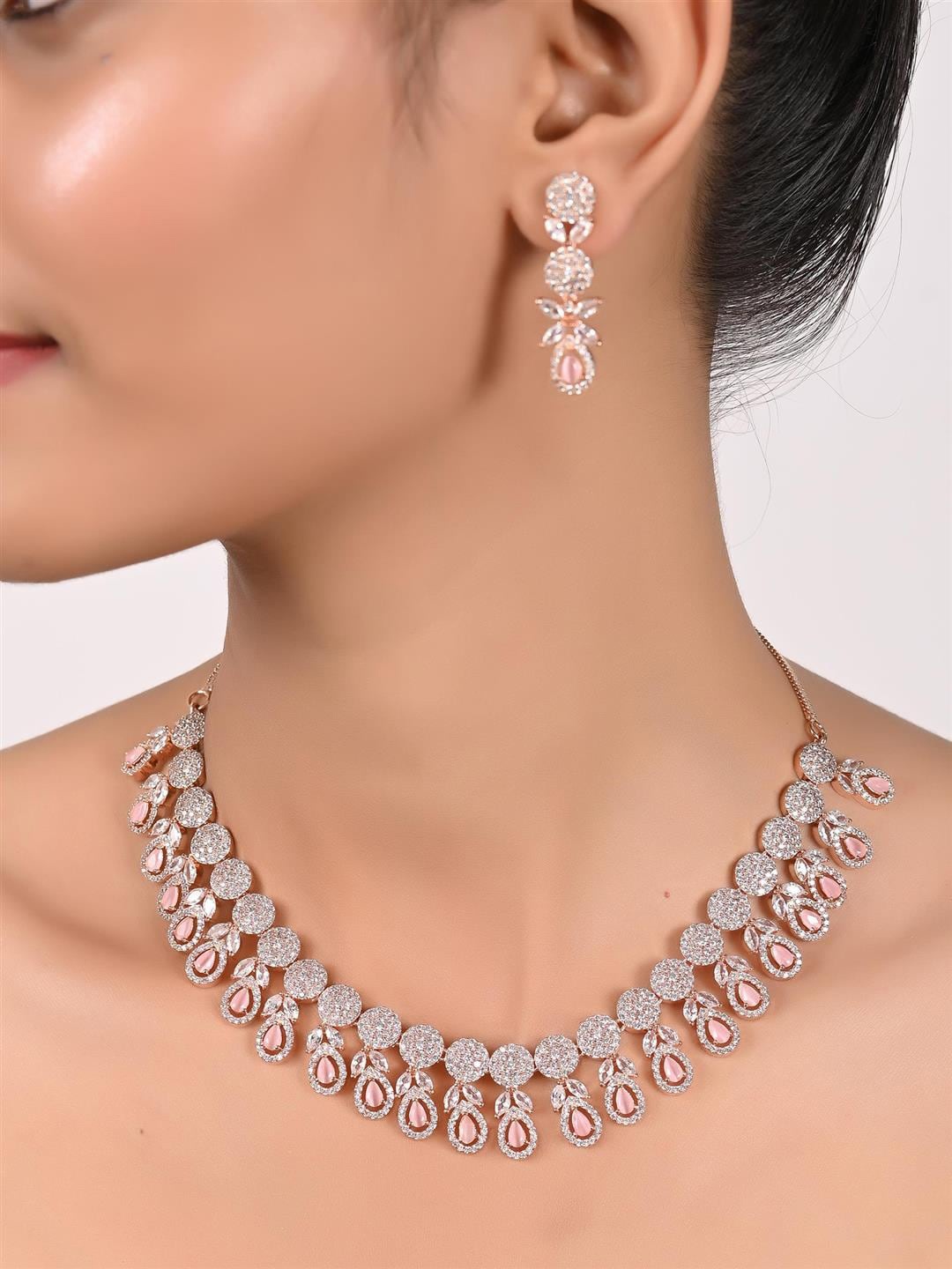 

RATNAVALI JEWELS Rose Gold-Plated & AD Necklace & Earrings