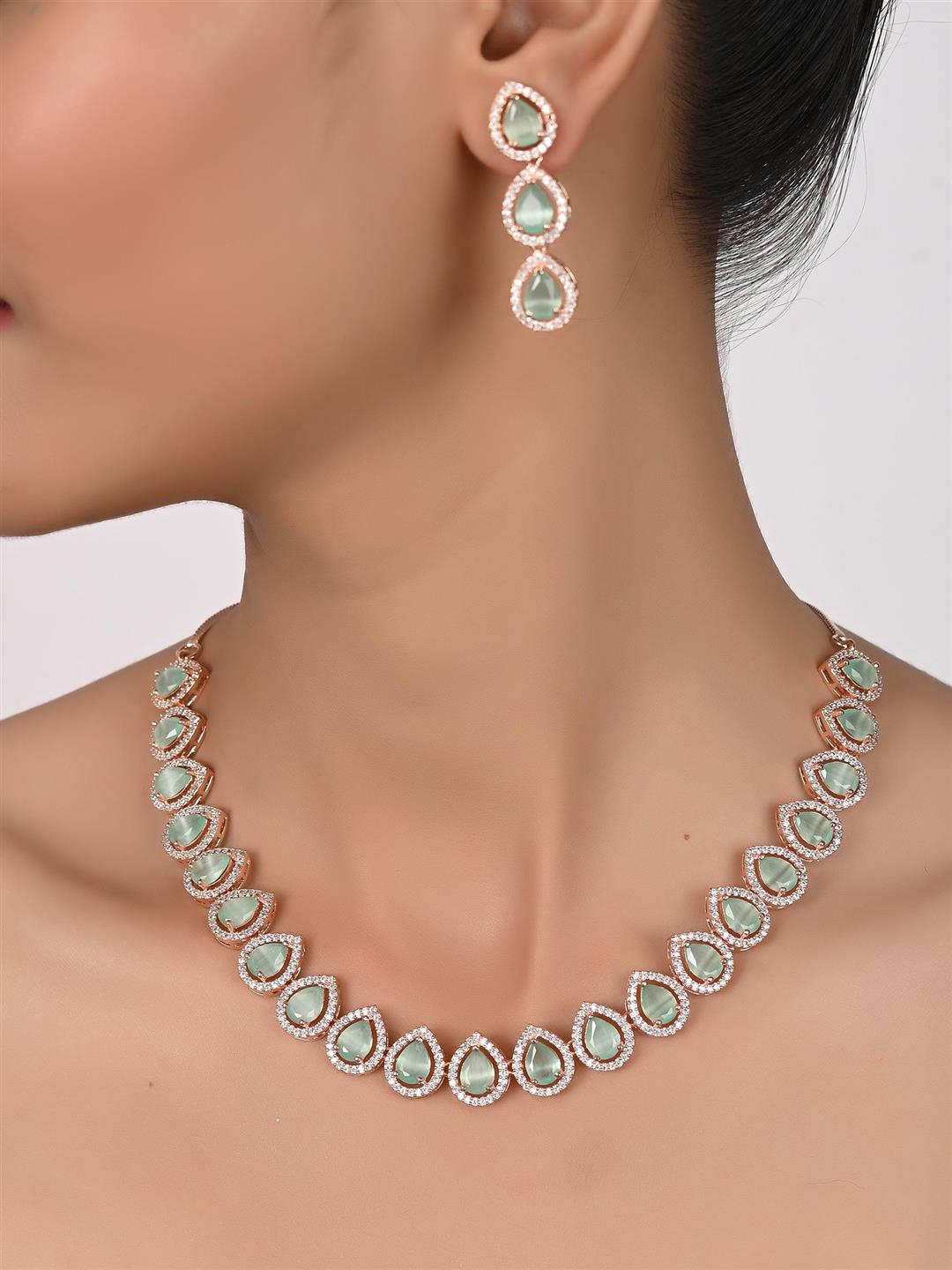 

RATNAVALI JEWELS Rose Gold-Plated AD-Studded Brass Necklace & Earrings