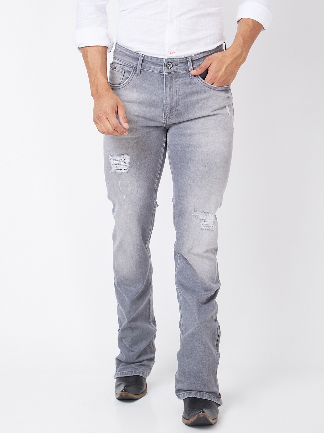 

mode de base Men Mid-Rise Mildly Distressed Heavy Fade Bootcut Stretchable Jeans, Grey