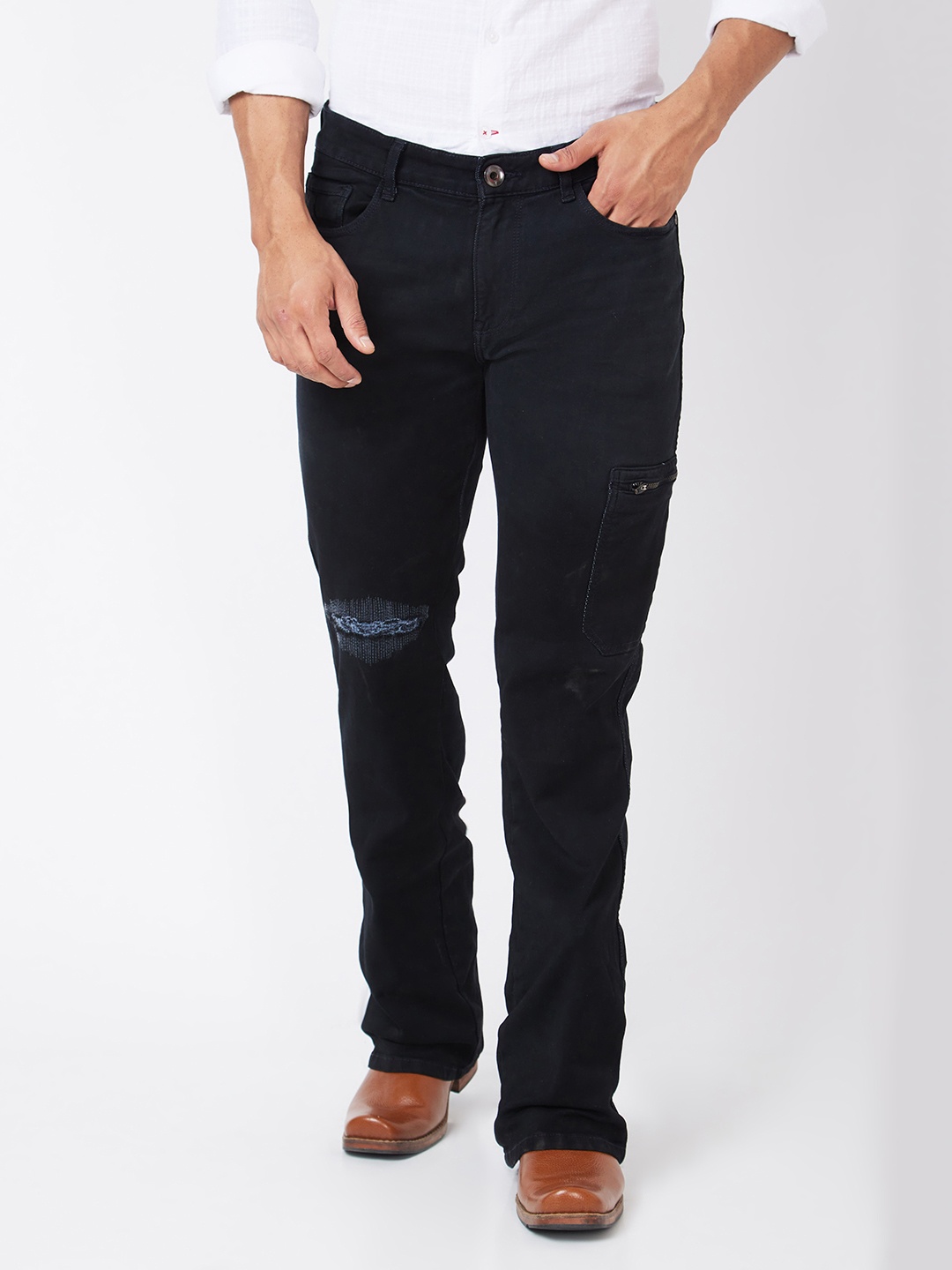 

mode de base Men Ripped Mildly Distressed Stretchable Bootcut Jeans, Black