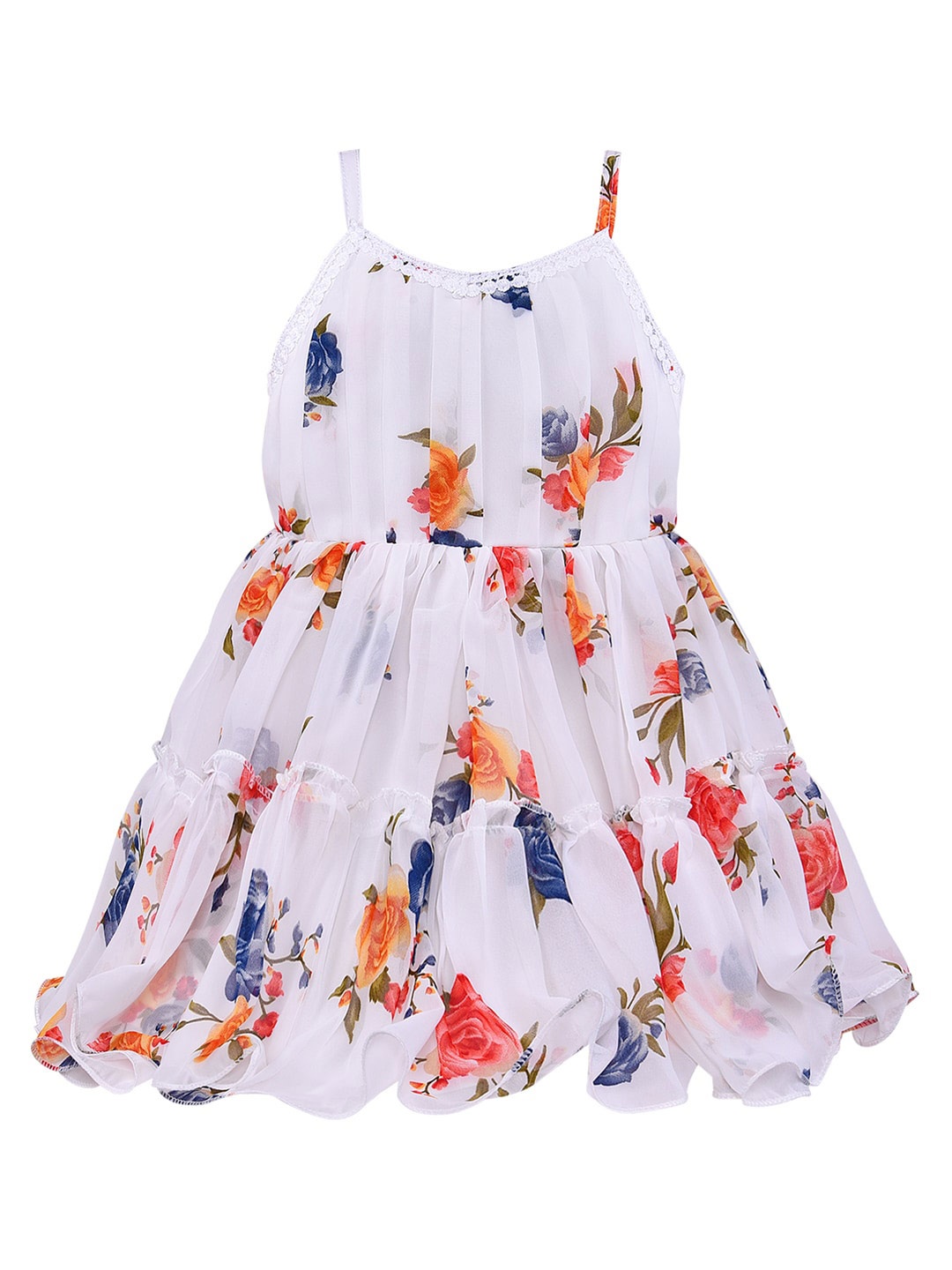 

Wish Karo Girls Floral Printed Shoulder Strap Tiered Fit & Flare Dress, White
