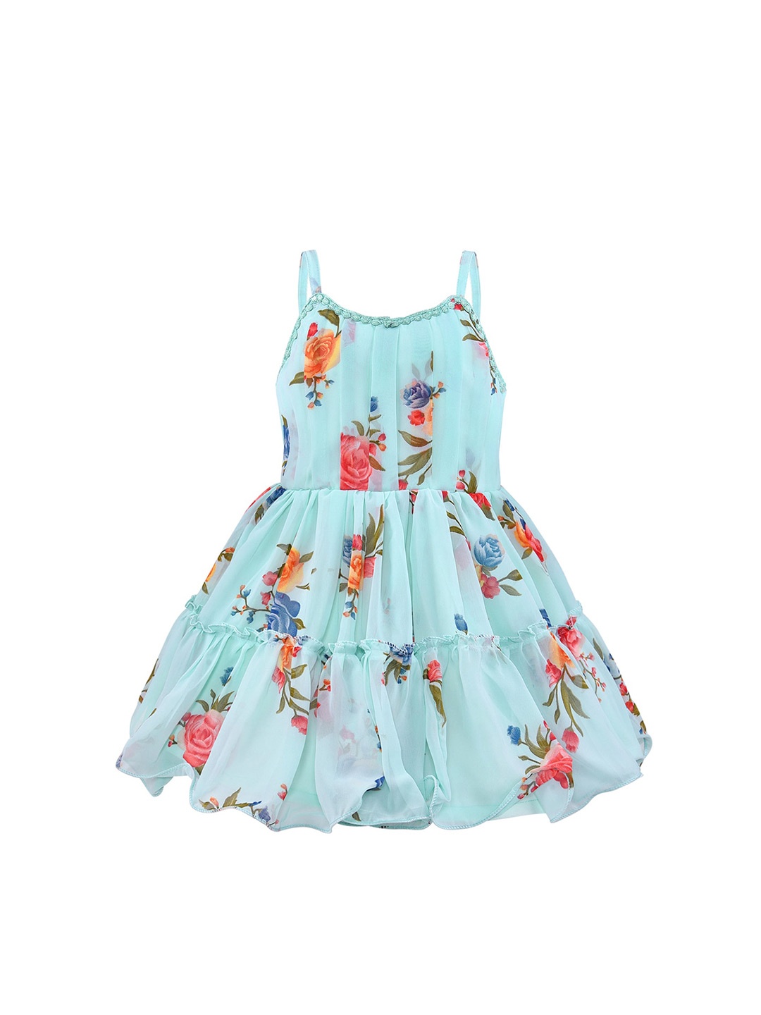 

Wish Karo Girls Floral Printed Shoulder Strap Tiered Fit & Flare Dress, Blue