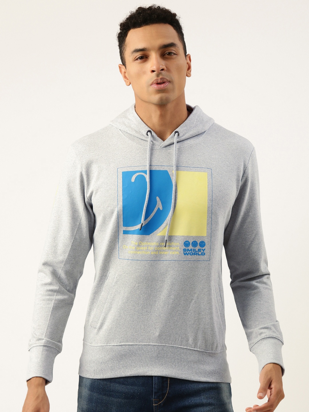 

Smiley Men Graphic Printed Hooded Sweatshirt, Grey