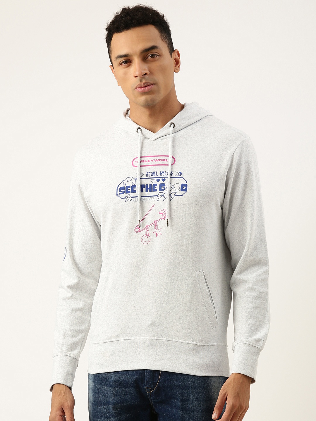 

Smiley Men Graphic Printed Hooded Sweatshirt, White