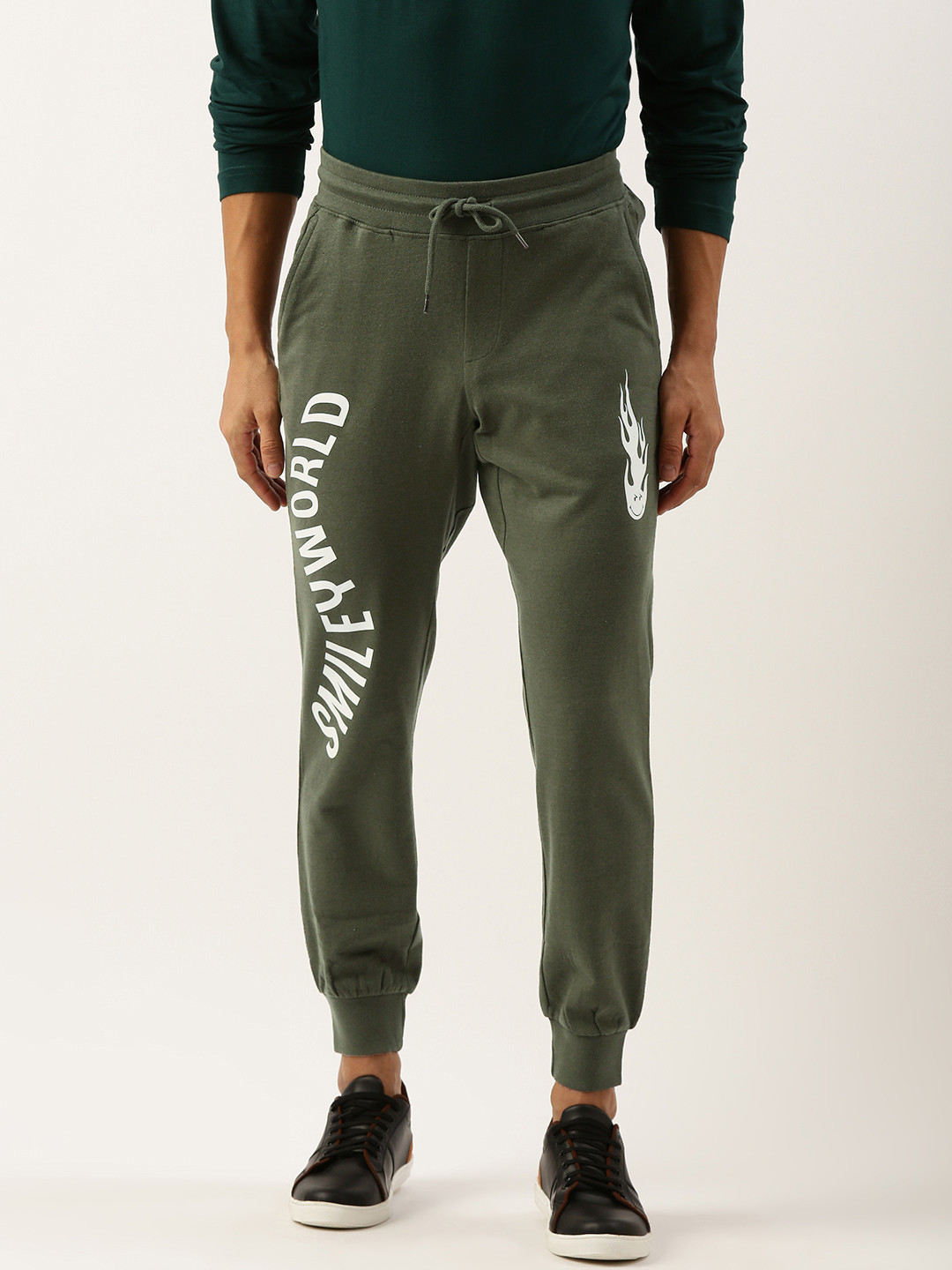 

Smiley Men Typography Printed Terry Joggers, Olive