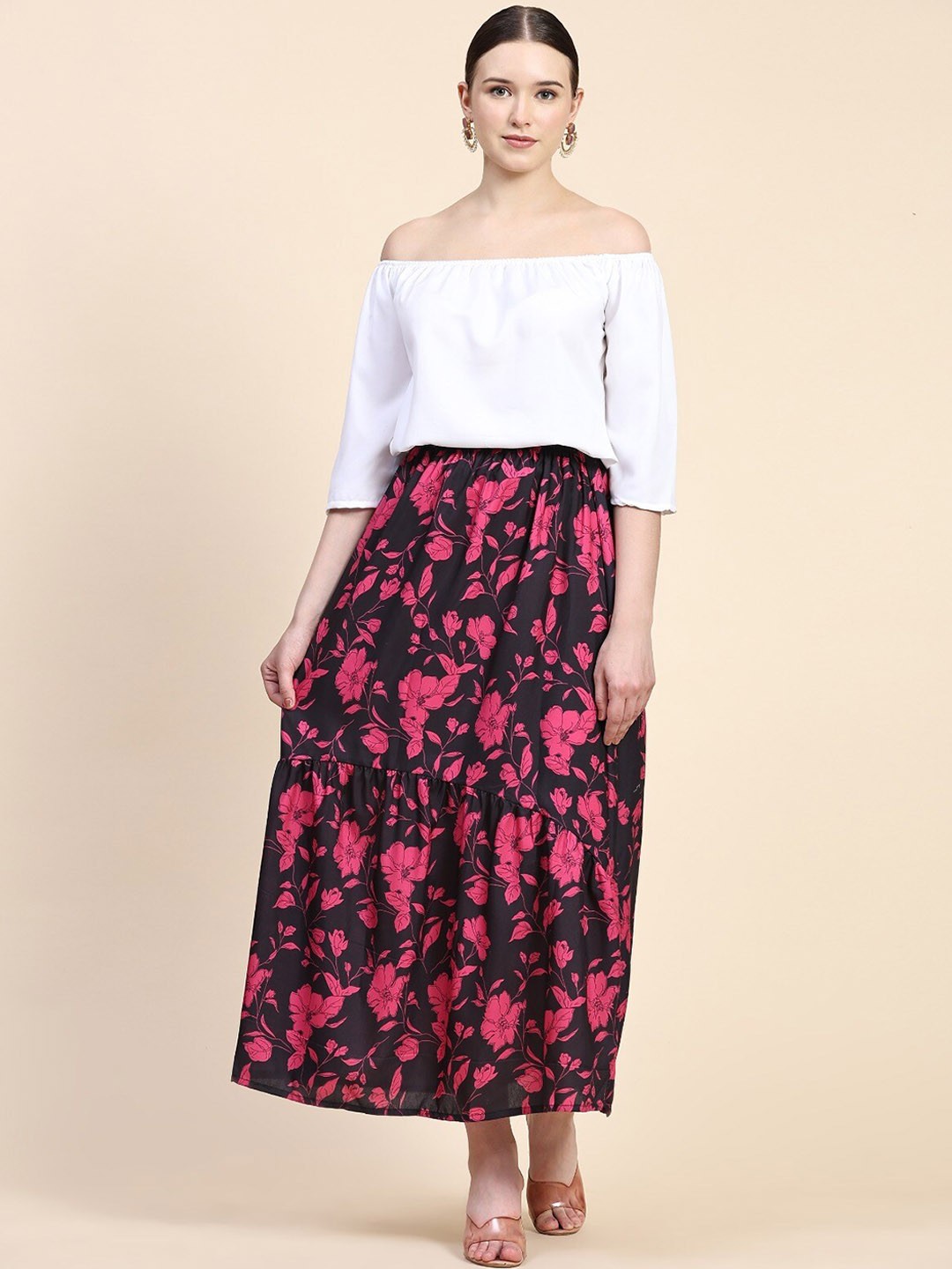 

Rudra Fashion Floral Printed A-Line Maxi Skirt, Black