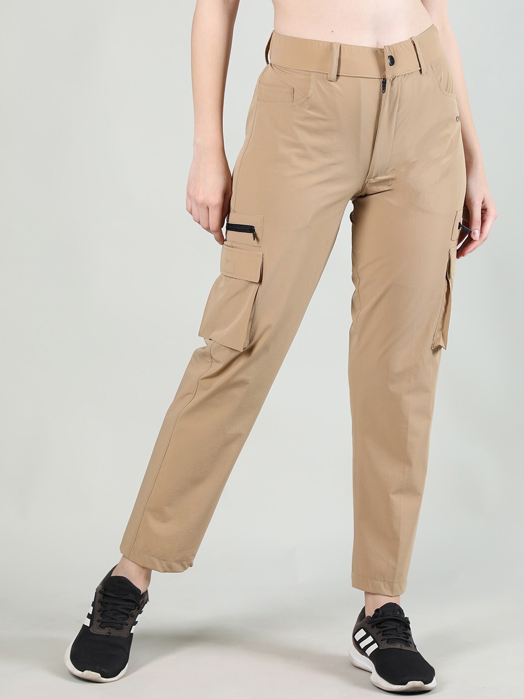

CHKOKKO Women Mid-Rise Regular Fit Cargos Trousers, Camel brown