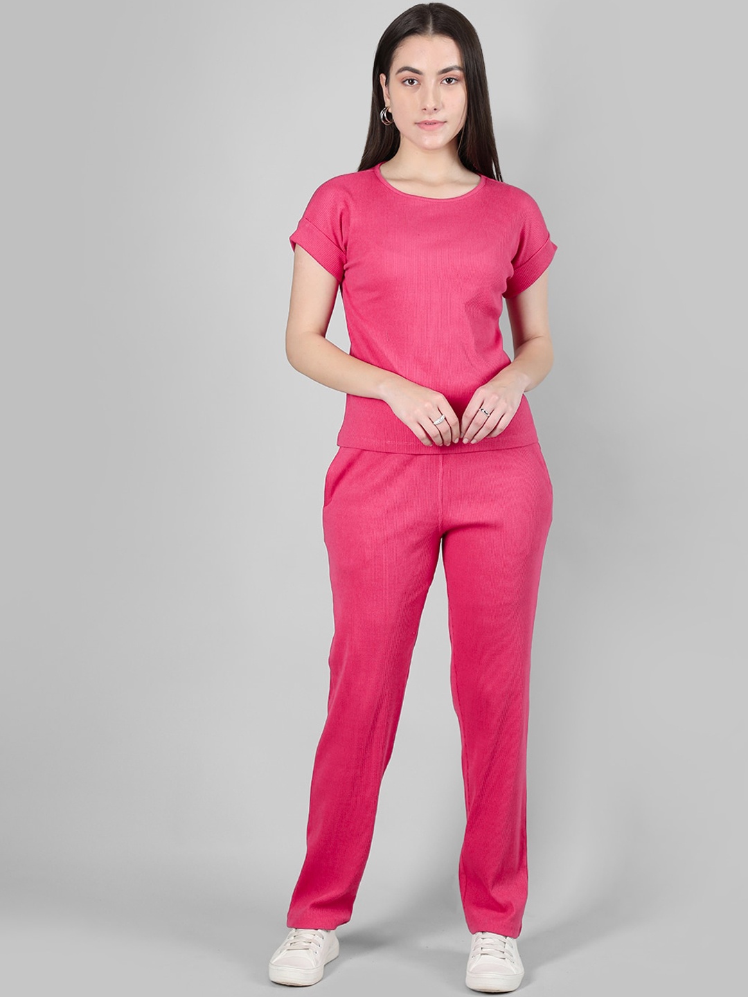 

CHKOKKO Round Neck Mid-Rise Tracksuit, Pink