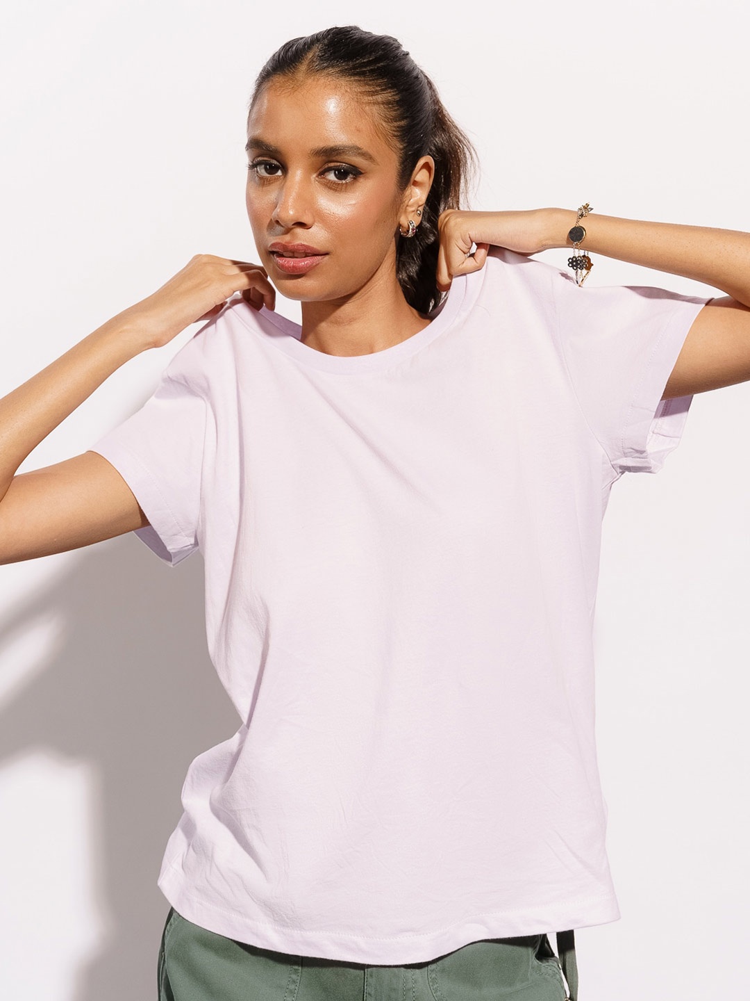 

FREAKINS Lavender Round Neck Cotton Casual T-Shirt