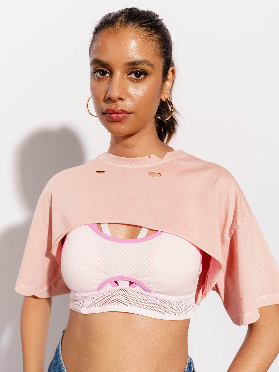 

FREAKINS Blue Drop Shoulder Sleeves Cut Out Crop T-shirt, Peach