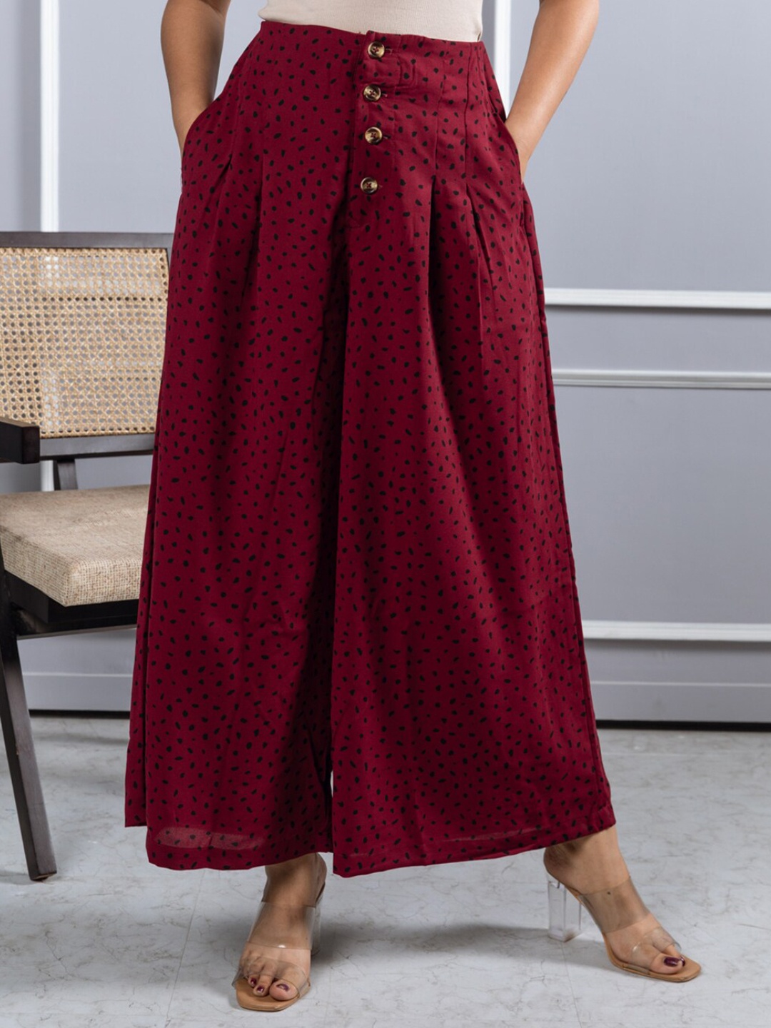 

Aadews Women Polka Dot Printed Flared Palazzos, Maroon