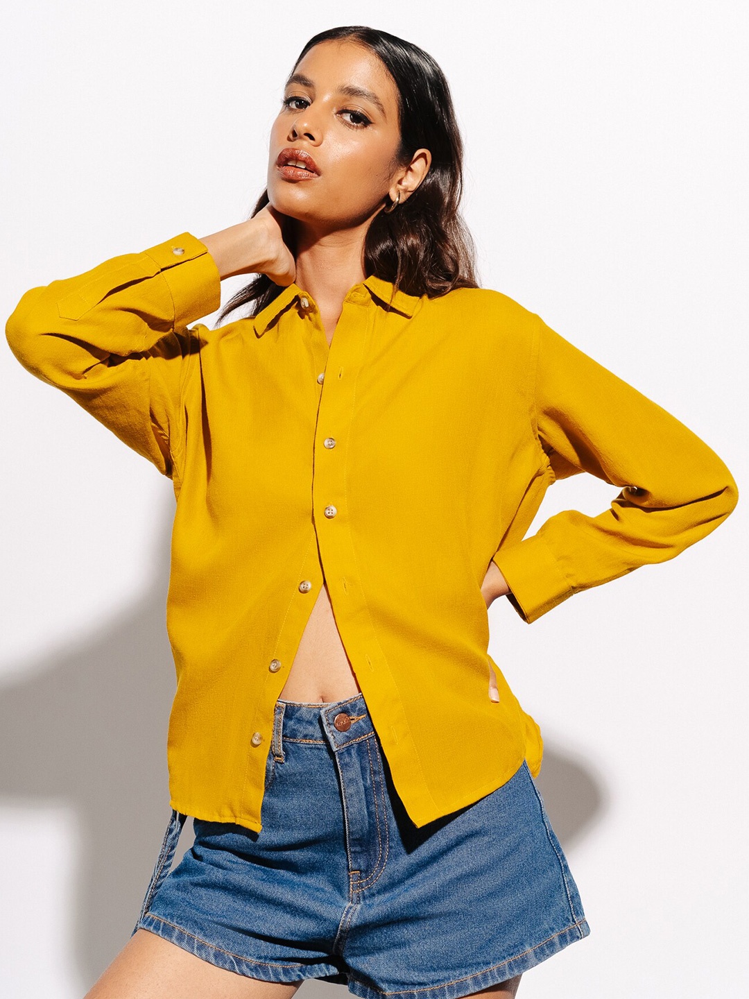 

FREAKINS Yellow Linen Casual Shirt
