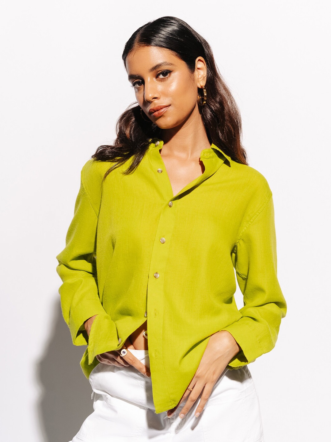 

FREAKINS Lime Green Linen Casual Shirt