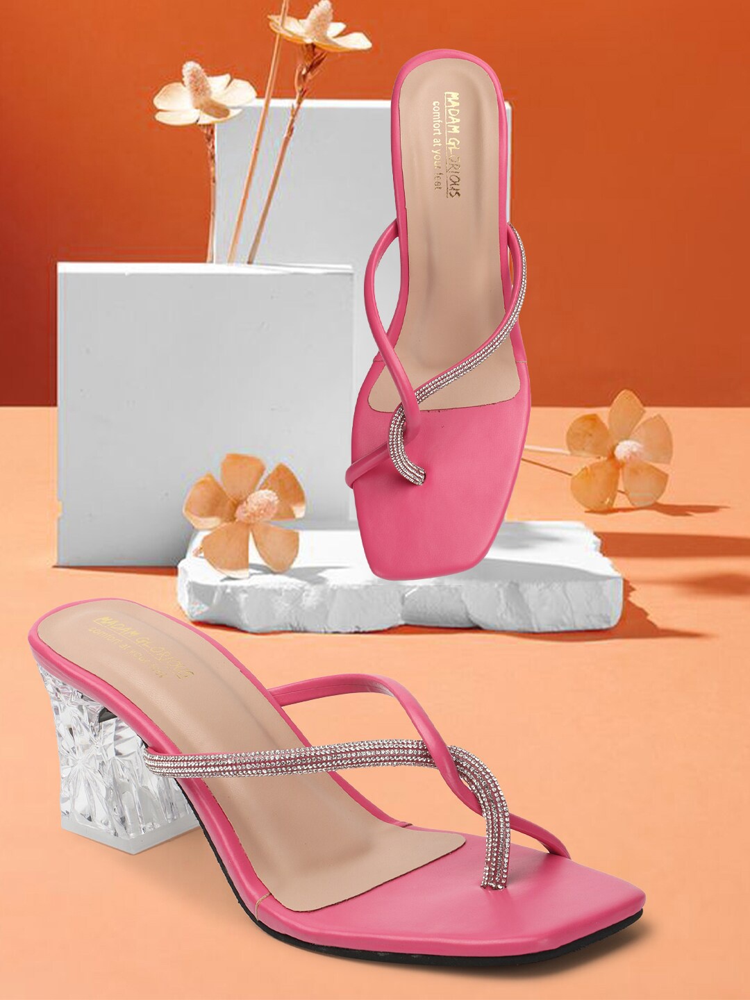 

madam glorious Embellished Open Toe Block Heels, Pink