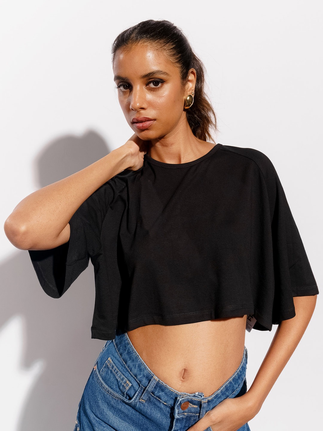 

FREAKINS Black Raglan Sleeve Cotton Boxy Crop Top