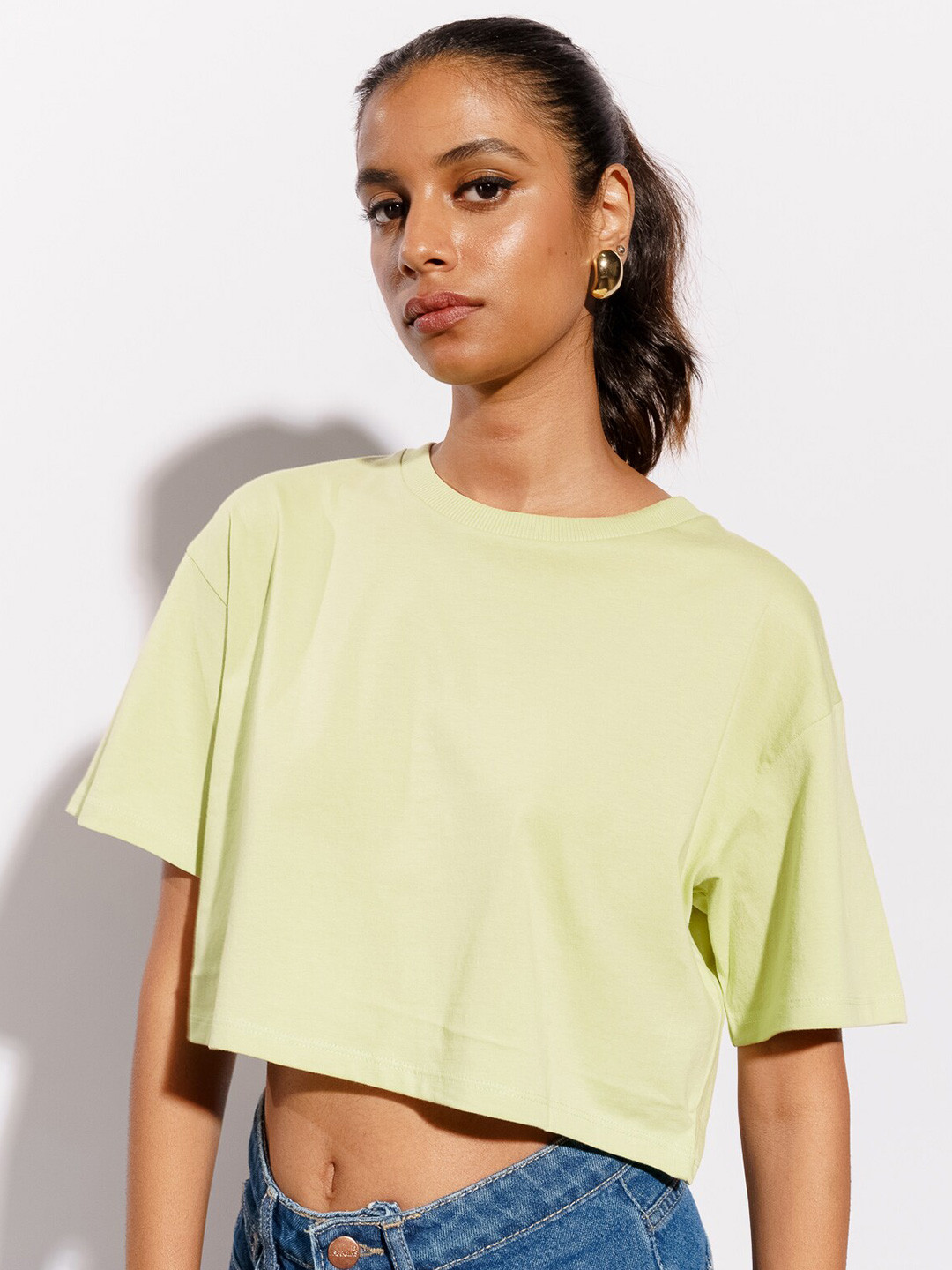 

FREAKINS Lime Green Drop Shoulder Sleeves Knitted Cotton Crop Top