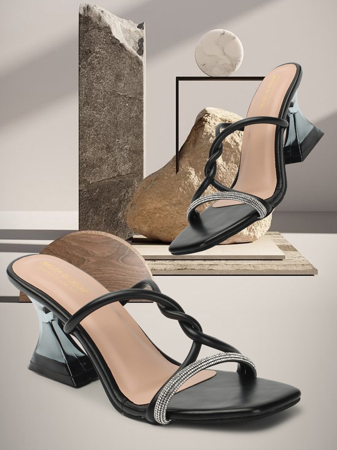 

madam glorious Embellished Open Toe Block Heels, Black