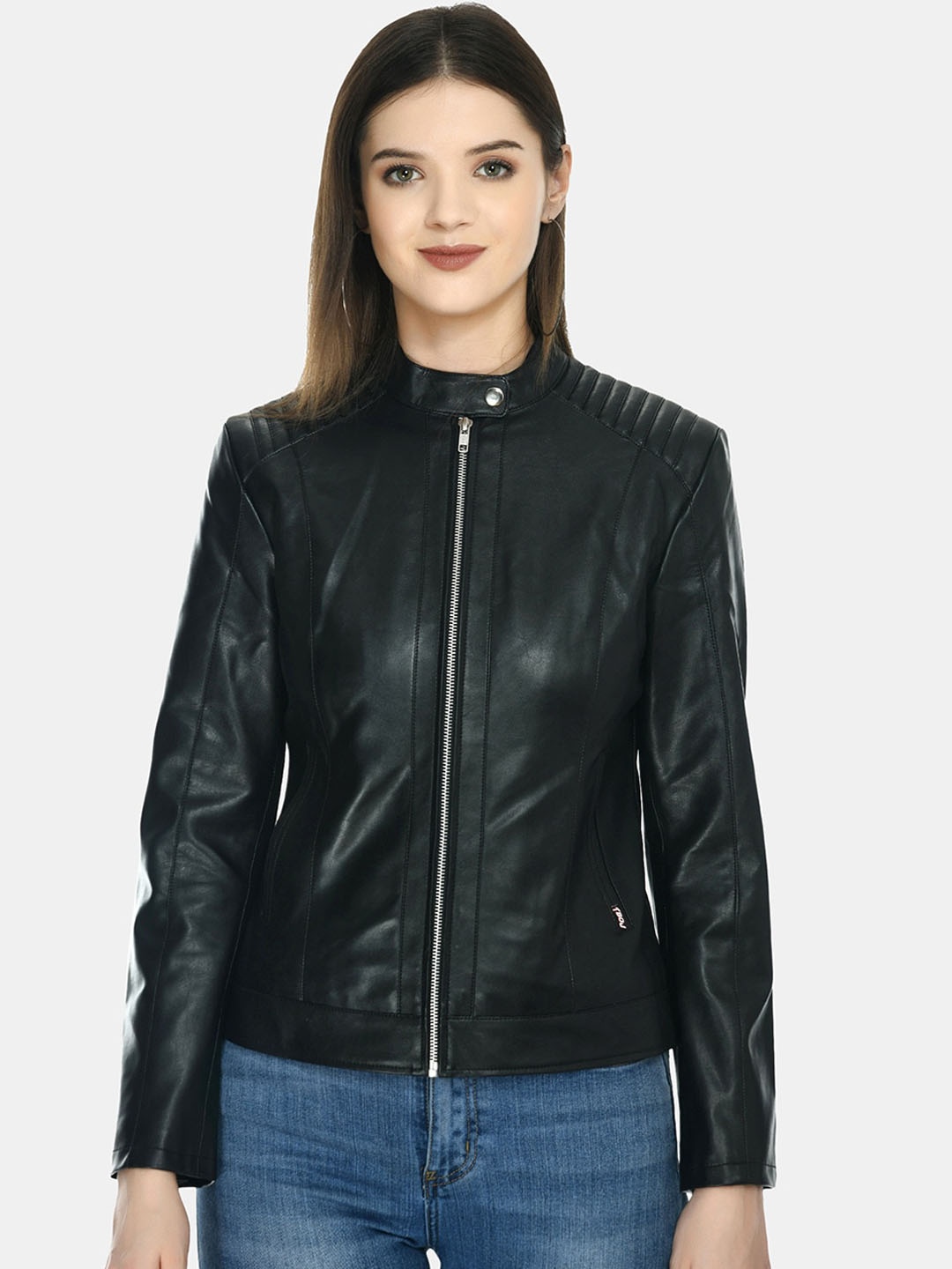 

TBOJ Stand Collar Lightweight Leather Jacket, Black