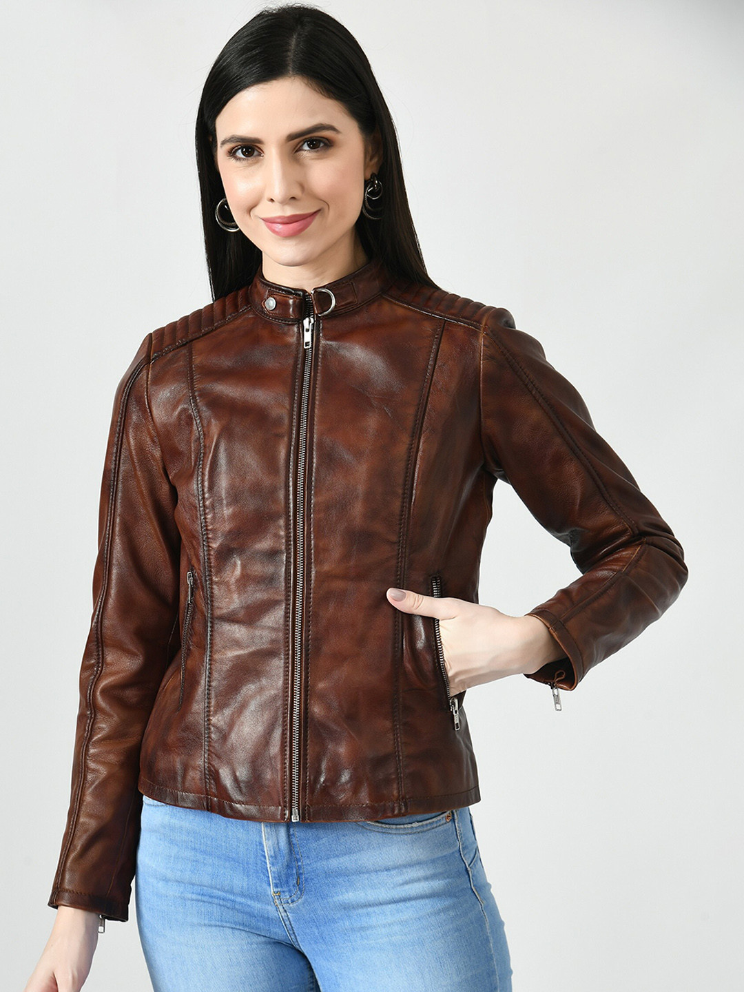

TBOJ Stand Collar Lightweight Leather Jacket, Tan
