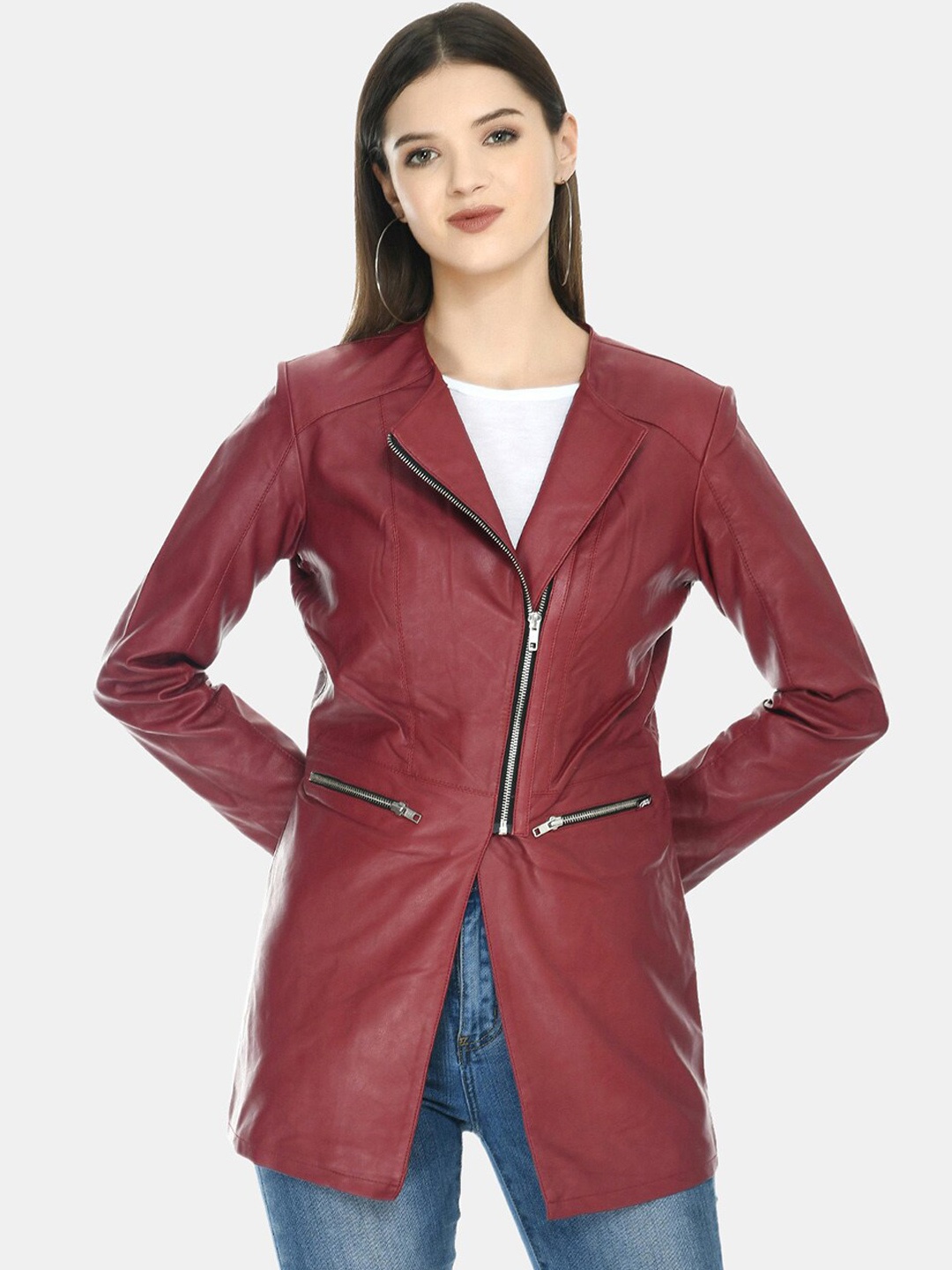 

TBOJ Anti Odour Leather Lightweight Longline Leather Jacket, Maroon