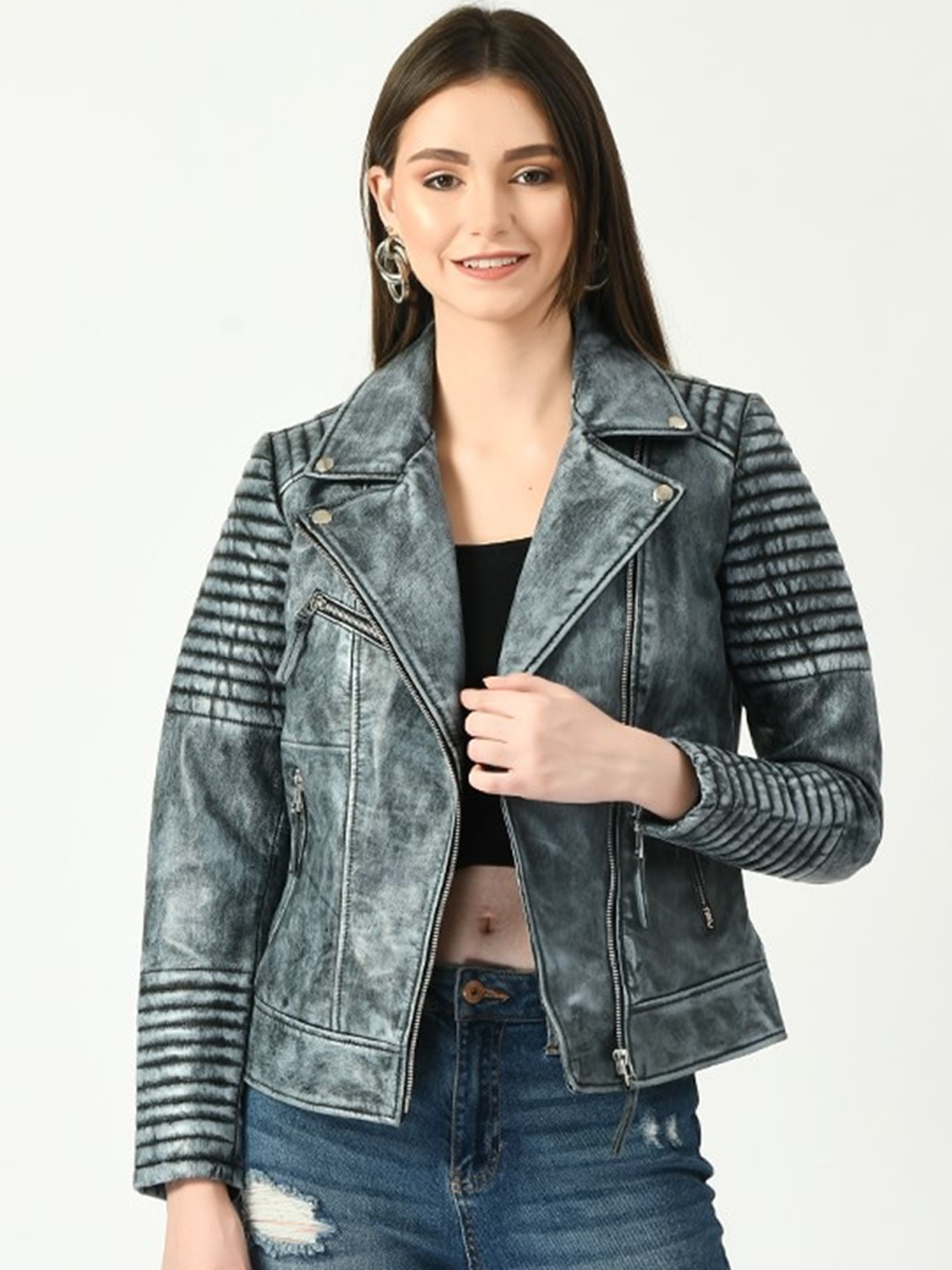 

TBOJ Lapel Collar Lightweight Leather Jacket, Blue