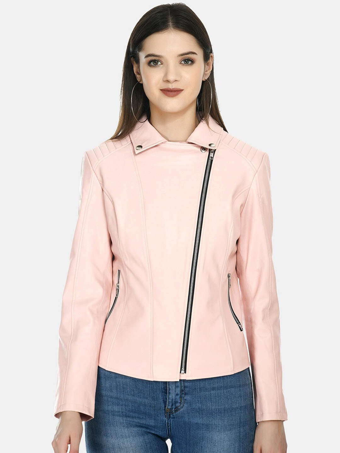 

TBOJ Lapel Collar Lightweight Leather Jacket, Pink