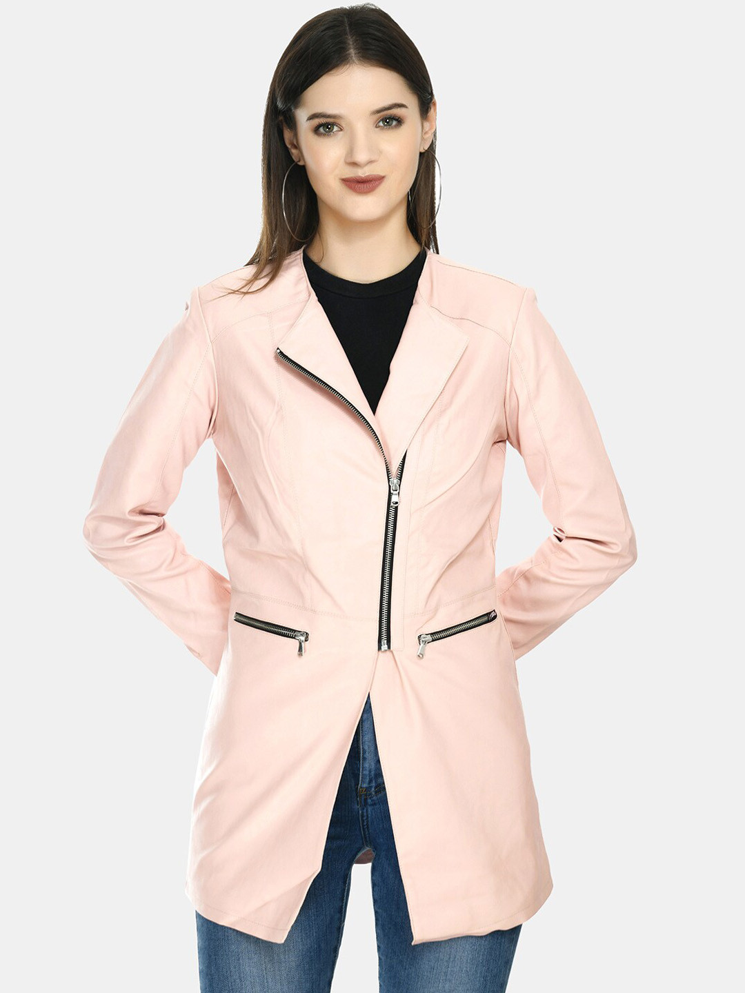 

TBOJ Geometric Leather Lightweight Longline Open Front Jacket, Pink