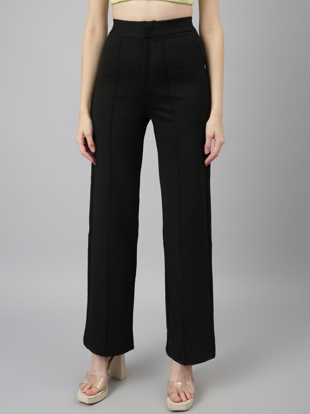 

DUDITI Women High-Rise Loose Plain Cotton Parallel Trousers, Black