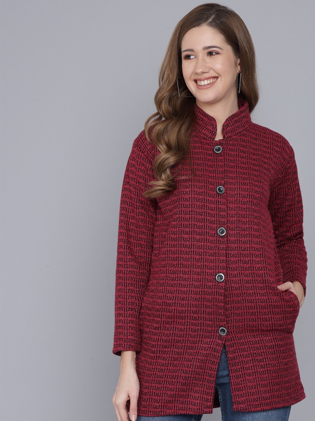 

BAESD Woven Design Mandarin Collar Open Front Sweater, Maroon