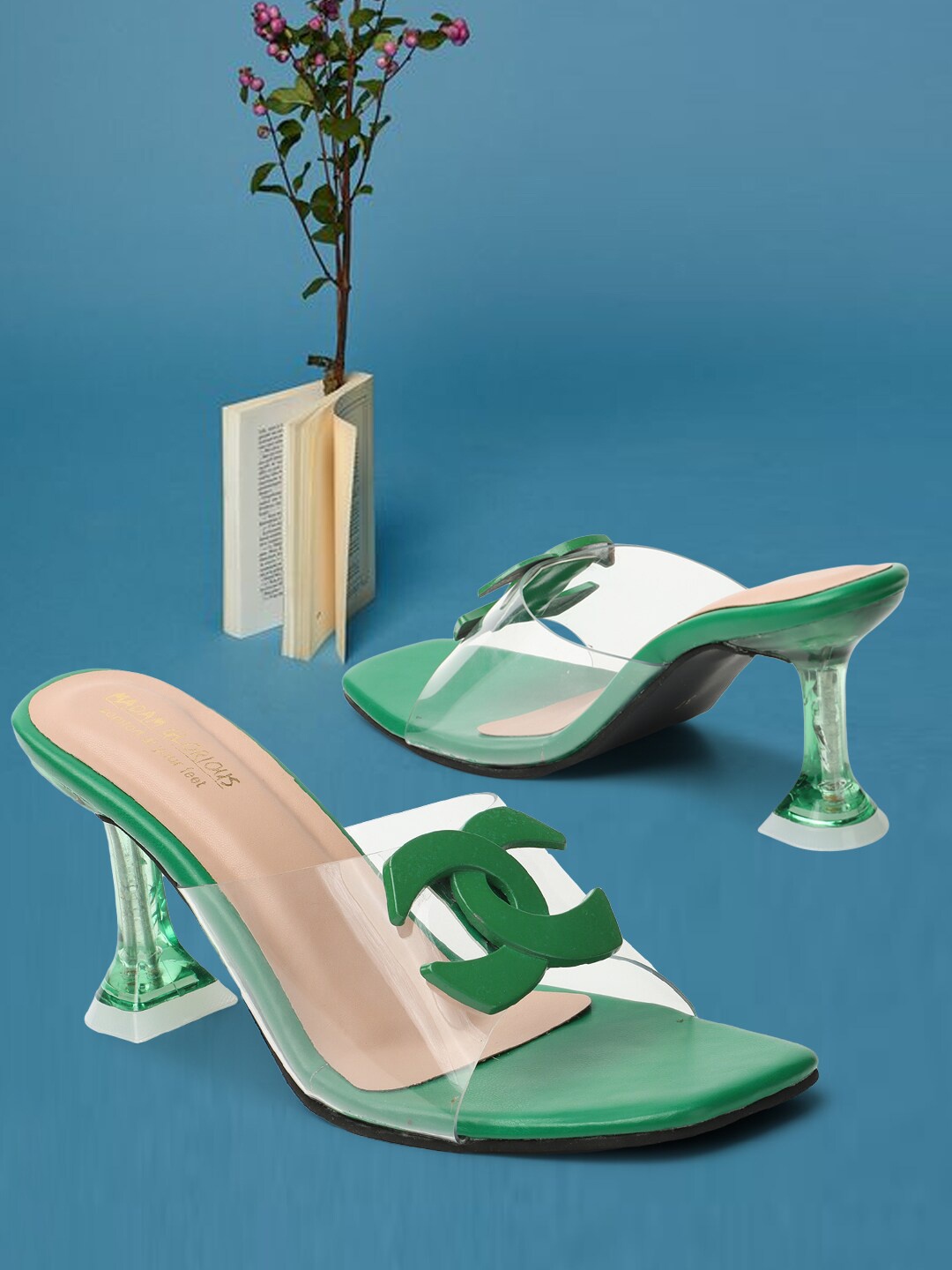 

madam glorious Comfort Embellished Open Toe Block Heels, Green