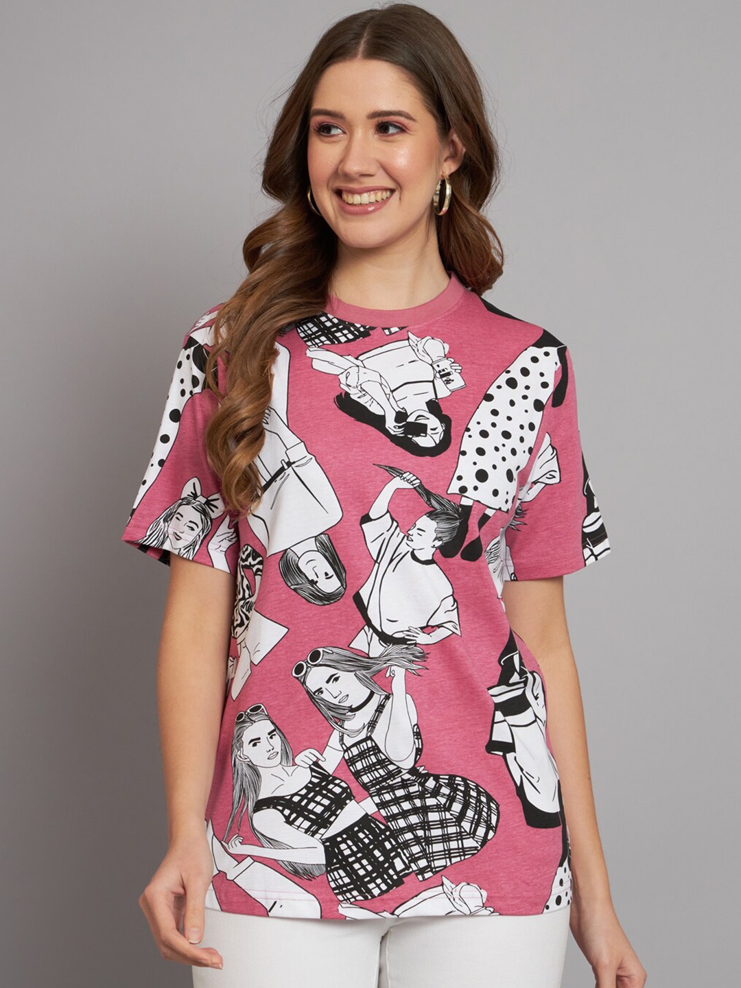 

The Dry State Mauve & White Colour Graphic Printed Cotton Loose Fit T Shirt