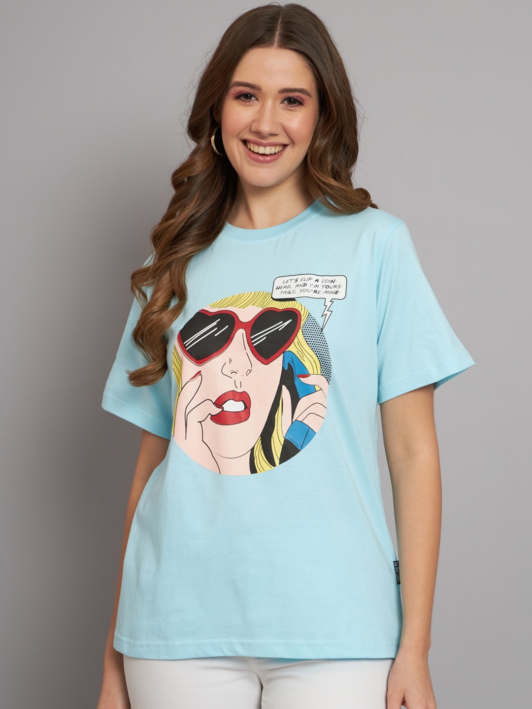 

The Dry State Turquoise Blue & Red Colour Graphic Printed Cotton Loose Fit T Shirt
