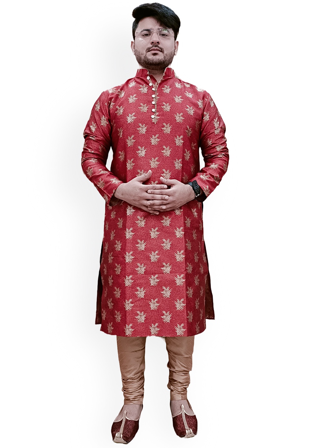 

Larwa Ethnic Zari Motifs Woven Design Mandarin Collar Jacquard Kurta with Churidar, Maroon