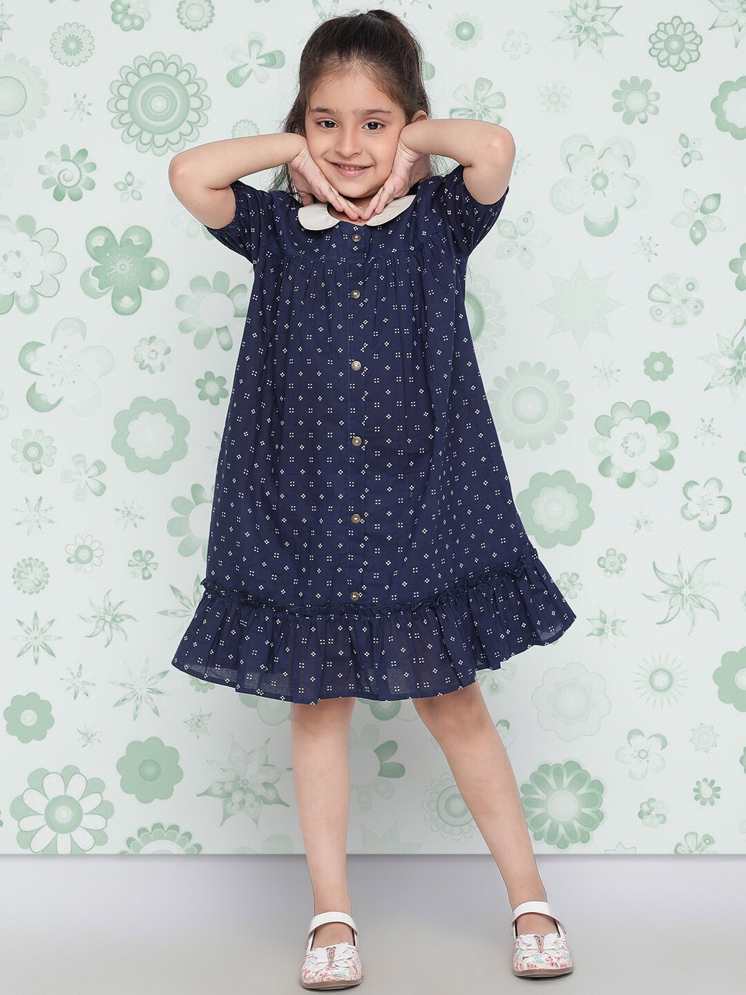 

Indo Era Girls Navy Blue Polka Dot Printed Cotton Ruffled Drop-Waist Dress