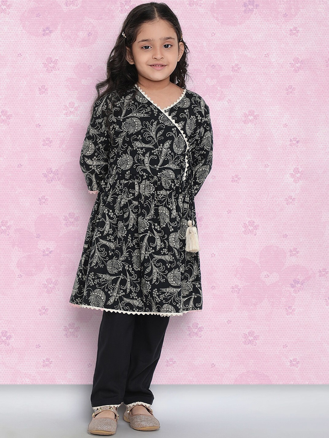 

Indo Era Girls Black Ethnic Motifs Printed Angrakha Gotta Patti Kurta With Trousers