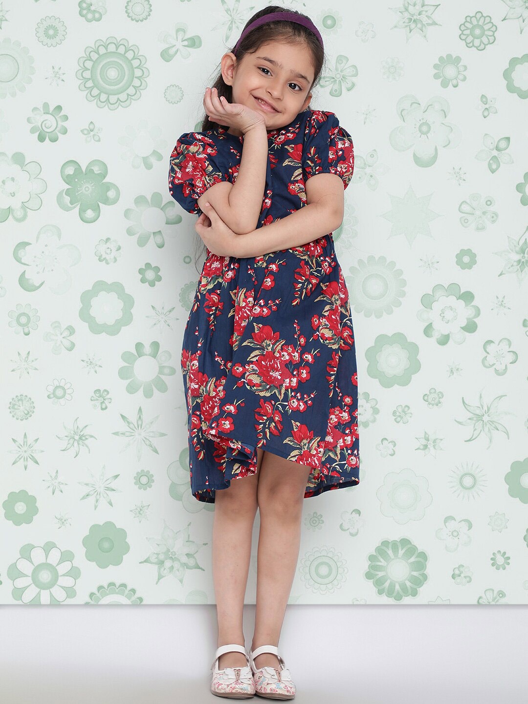 

Indo Era Girls Navy Blue Floral Printed Cotton A-Line Dress