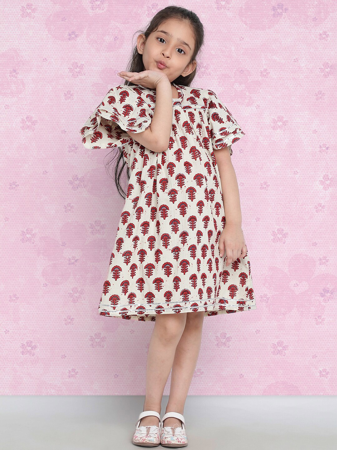 

Indo Era Girls Off White Ethnic Print Flared Sleeve Pure Cotton A-Line Dress