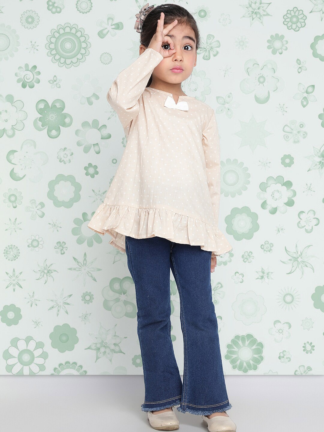 

Indo Era Girls Beige Polka Dot Printed Regular Sleeves A-Line Cotton Top