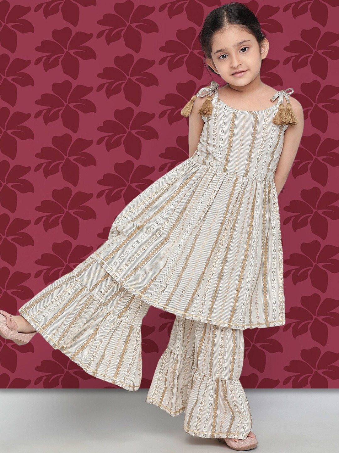 

Indo Era Girls Beige Striped Regular Kurta With Sharara