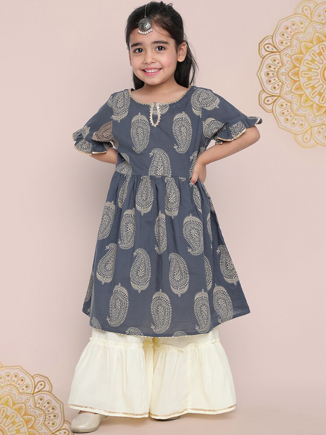 

Indo Era Girls Navy Blue Paisley Printed Empire Gotta Patti Kurta With Sharara