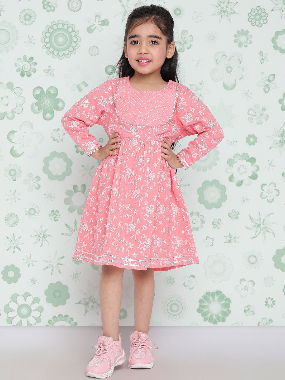 

Indo Era Girls Pink Floral Print Pure Cotton Fit & Flare Dress