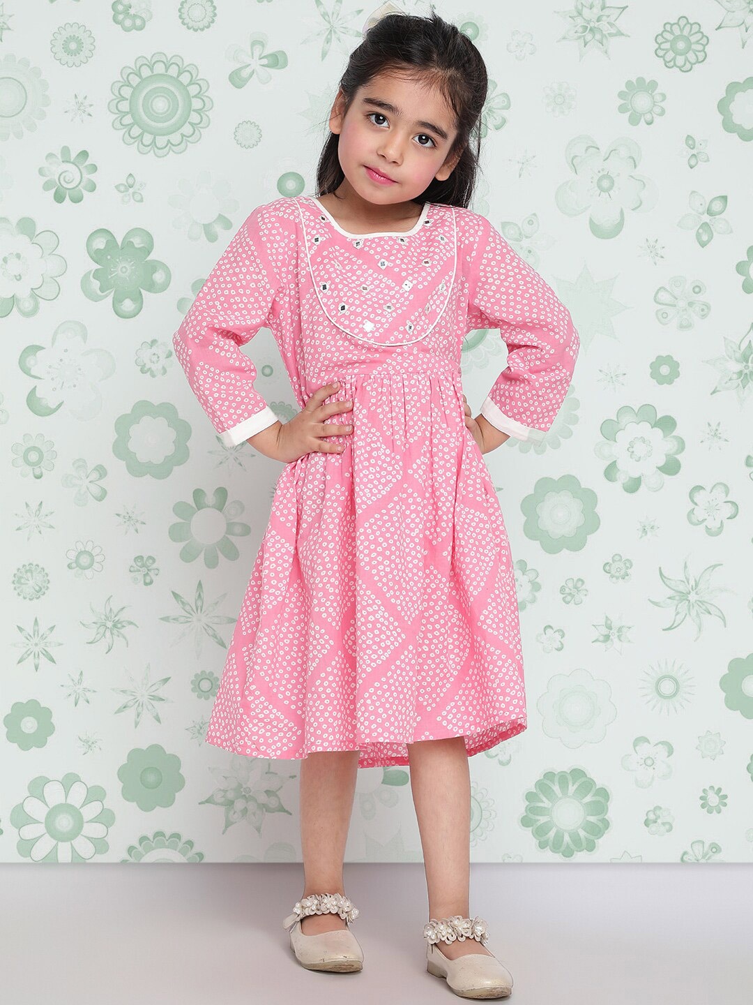 

Indo Era Girls Pink Ethnic Printed Pure Cotton Fit & Flare Dress