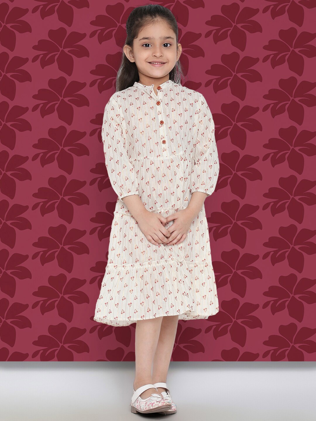 

Indo Era Girls Beige Floral Printed Layered Cotton A-Line Dress